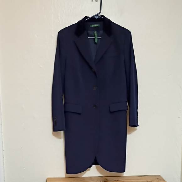 Ralph Lauren Navy Stretch Wool Velvet Collar Long Blazer Jacket Size 10 - Picture 2 of 8